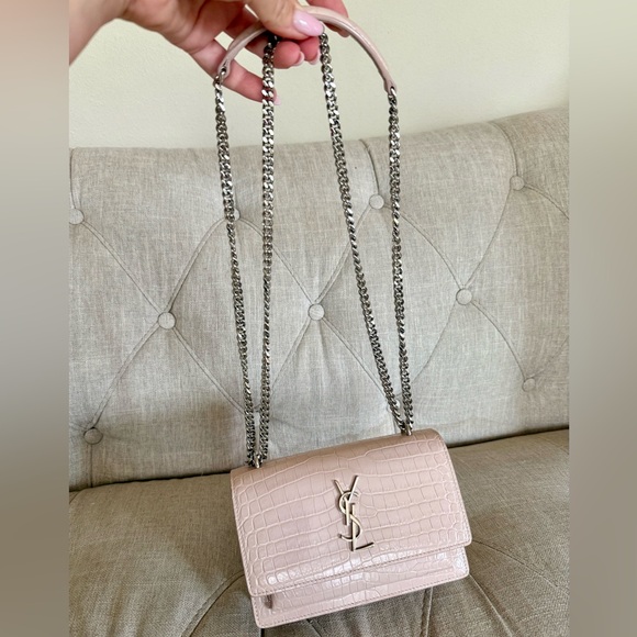 Saint Laurent Sunset Croc-Embossed Blush Pink w/ Silver Crossbody Small Bag - Picture 1 of 16